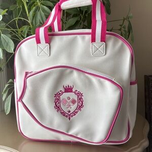 Monaco Vegan Leather Pickleball Sling Backpack, White with Pink Accents